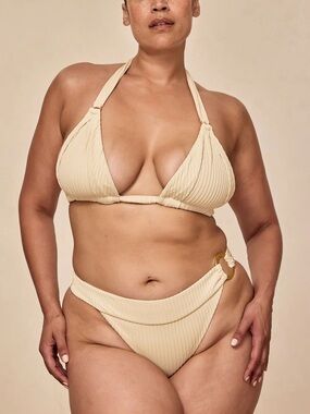 Monday Swimwear Ribbed Halter Bikini Set in Beige
